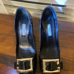 Prada Black Patent Leather Heels with Silver Buckle